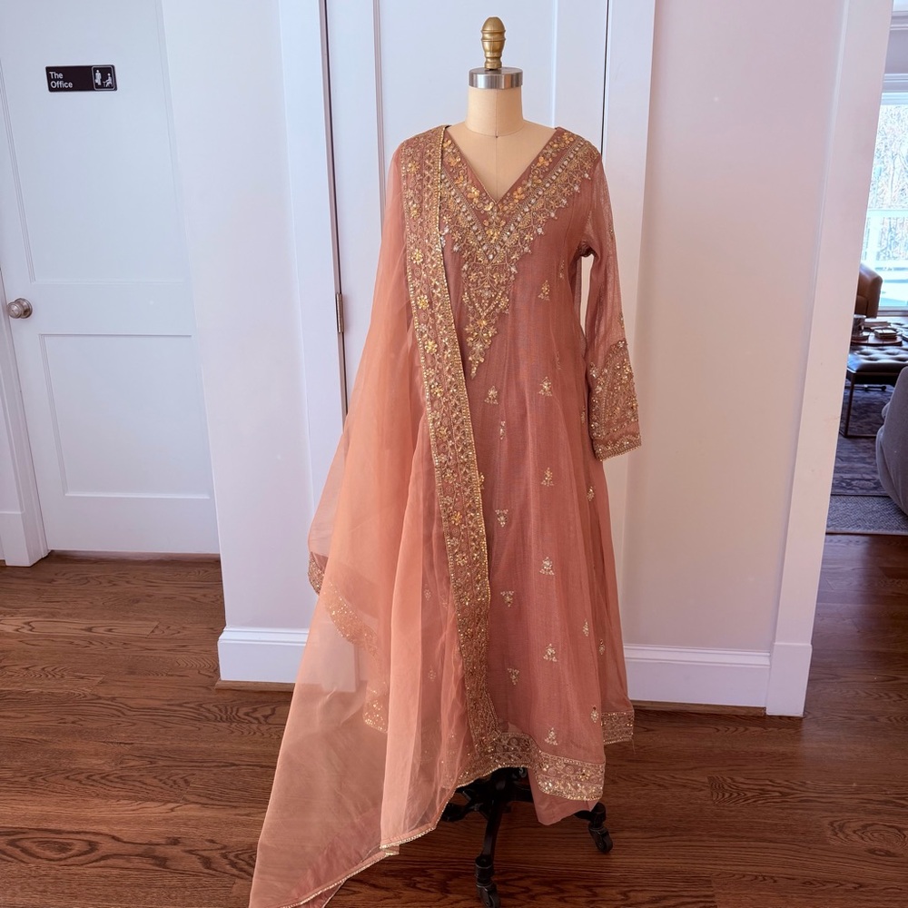 Elegant Embroidered Peach Anarkali 3 Piece Suit